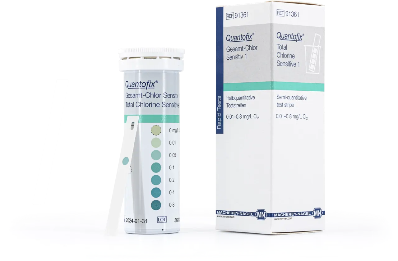 QUANTOFIX Total Chlorine Sensitive 1 test strips 7 x 60 mm measuring range: 0 - 0.01 - 0.05 - 0.1 - 0.2 - 0.4 - 0.8 mg/L Cl2 sufficient for 50 determinations