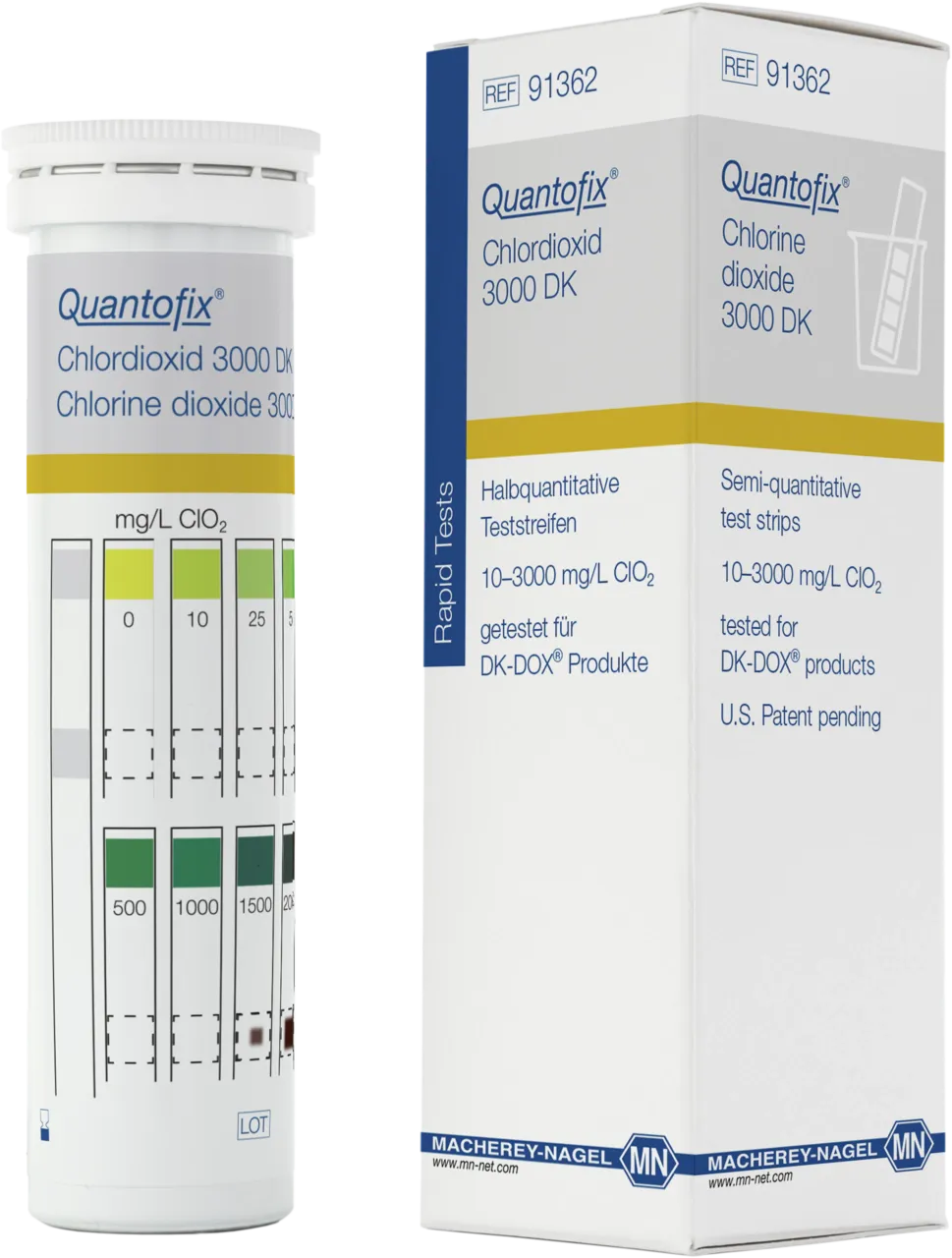 QUANTOFIX chlorine dioxide 3000 tested for DK-DOX products Test strip 5.5 x 95 mm measuring range: 0-10-25-50-100-250-500-1000-1500-2000-2500-3000 mg/L ClO2 sufficient for 100 determinations