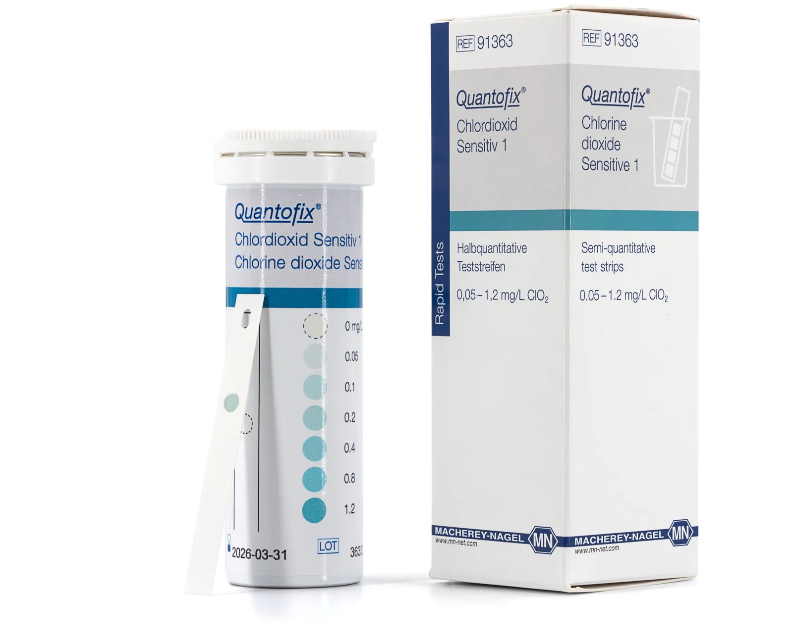 QUANTOFIX Chlorine Dioxide Sensitive 1 test strips 7 x 60 mm measuring range: 0 - 0.05 - 0.1 - 0.2 - 0.4 - 0.8 -1.2 mg/L ClO2 sufficient for 25 determinations