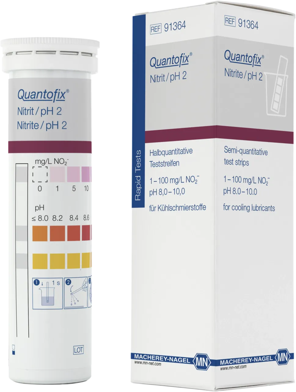 QUANTOFIX Nitrite/pH 2 test strips 5.5 x 95 mm measuring range: 0-1-5-10-20-40-80-100 mg/L NO2- pH <=8.0-8.2-8.4-8.6-8.8-9.0-9.2- 9.4-9.6-9.8- >=10.0 sufficient for 100 determinations