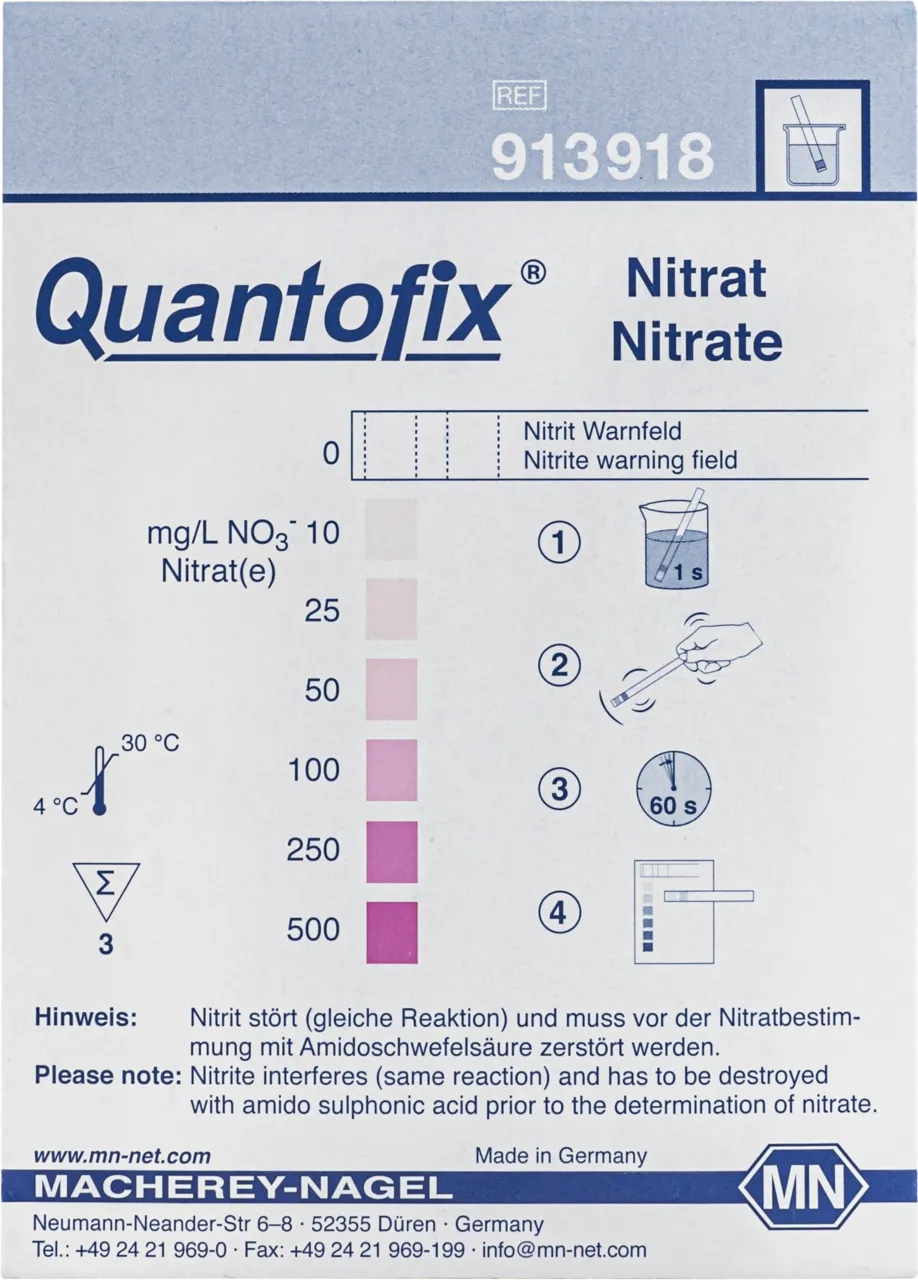 QUANTOFIX Nitrate set of 3 individually sealed test sticks pack of 50 sets, with test field for nitrite without colour scale for nitrite