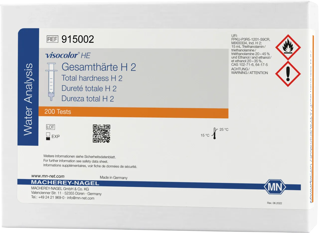 VISOCOLOR HE Total Hardness H 2 titration test kit measuring range: 0.06-2.50 °e / 0.01-0.36 mmol/L Ca2+ sufficient for 200 determinations