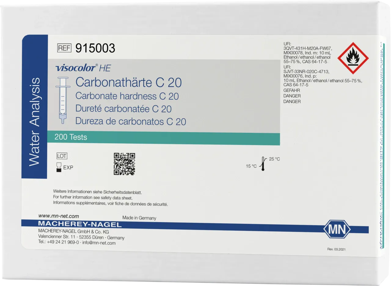 VISOCOLOR HE Carbonate alkalinity C 20 titration test kit measuring range: 0.6-25.0 °e / 0.2-7.2 mmol/L H+ sufficient for 200 determinations