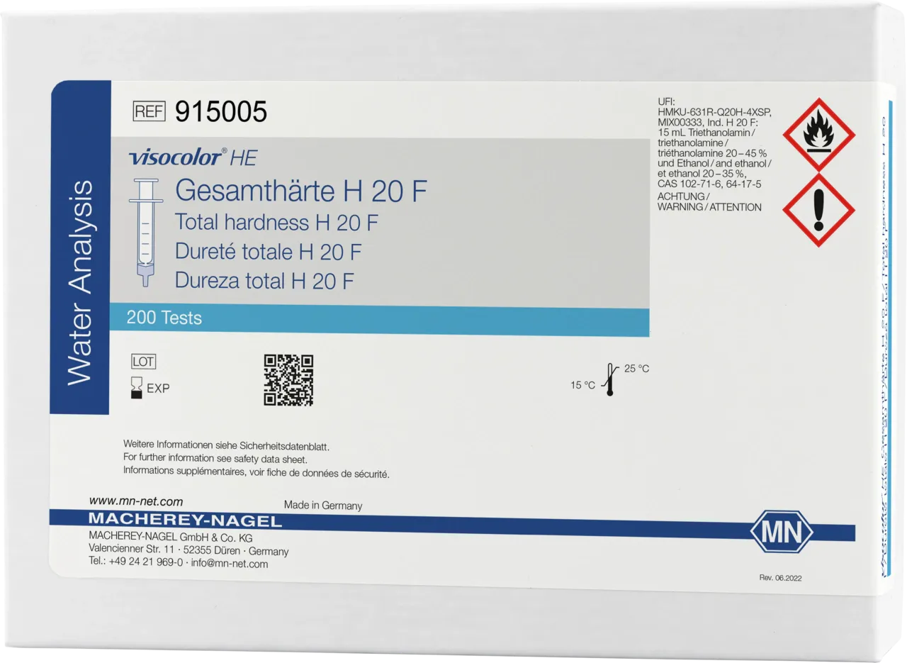 VISOCOLOR HE Total Hardness H 20 F titration test kit measuring range: 0.6-25.0 °e / 0.1-3.6 mmol/L Ca2+ sufficient for 200 determinations