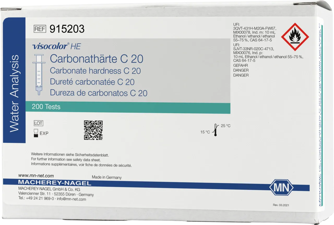VISOCOLOR HE Carbonate alkalinity C 20 titration test kit - refill pack - measuring range: 0.6-25.0 °e / 0.2-7.2 mmol/L H+ sufficient for 200 determinations