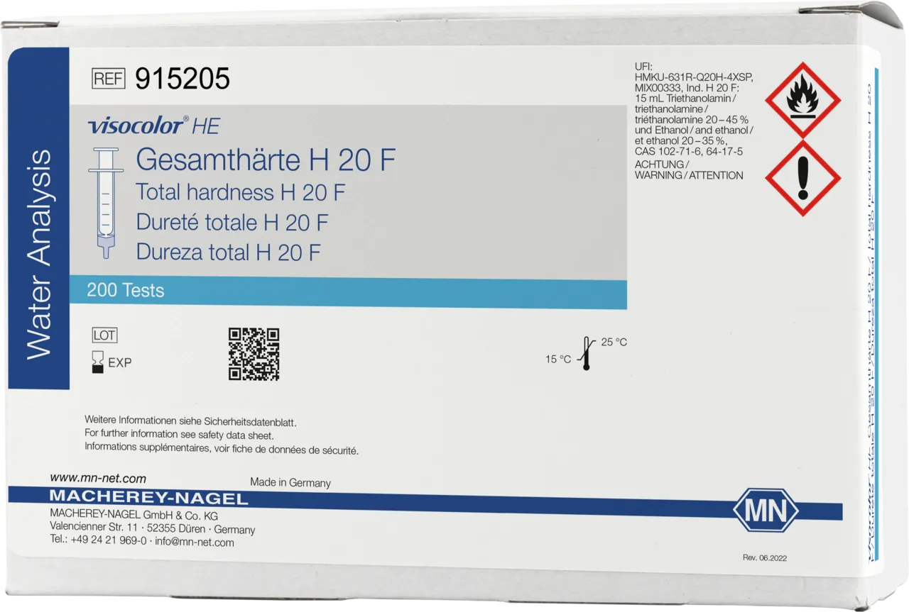 VISOCOLOR HE Total Hardness H 20 F titration test kit - refill pack - measuring range: 0.6-25.0 °e / 0.1-3.6 mmol/L Ca2+ sufficient for 200 determinations