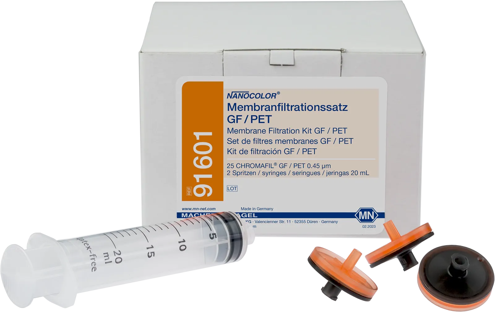 NANOCOLOR membrane filtration kit GF/PET with 2 syringes 20 mL, 25 CHROMAFIL membrane filters GF/PET, 0.45 µm