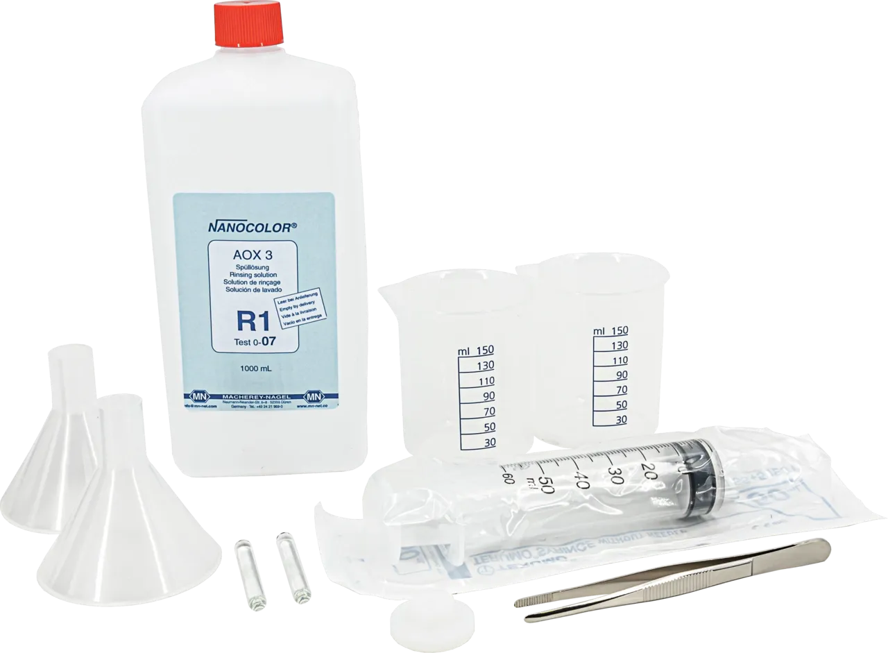 NANOCOLOR AOX start-set consisting of: 1 pair of tweezers, 2 funnels, 2 beakers 2 glass rods, 1 adaptor, 1 PE bottle, 2 syringes