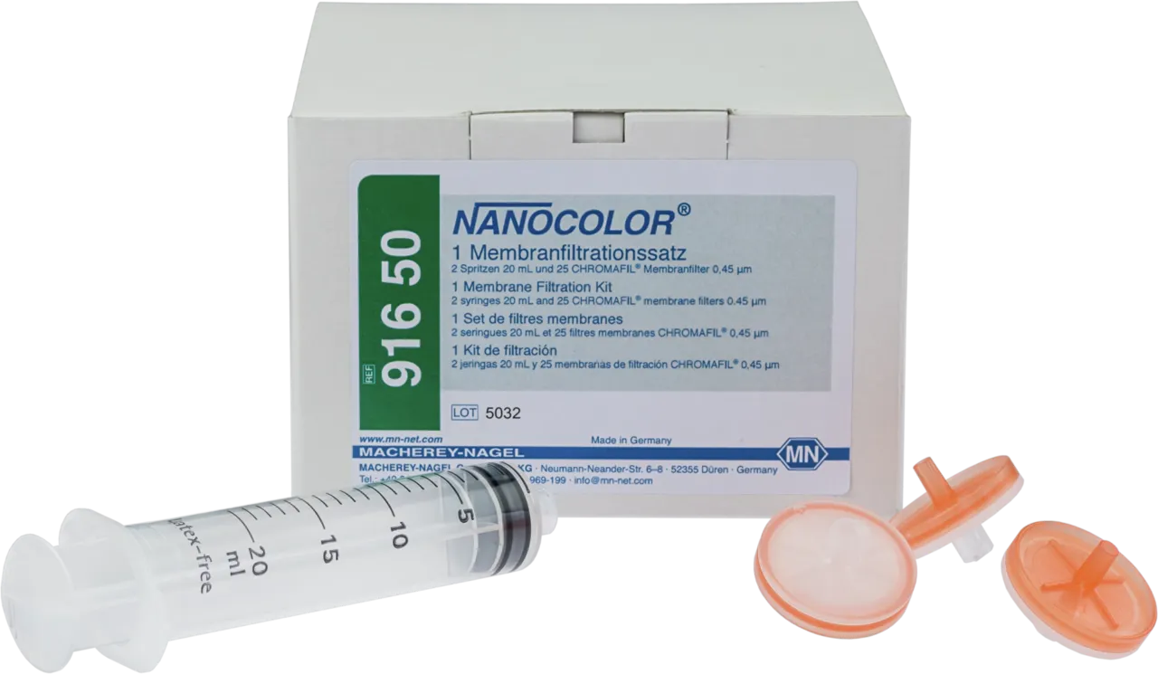 NANOCOLOR Membrane filtration kit consisting of: 2 syringes 20 mL, 25 CHROMAFIL membrane filters 0.45 µm