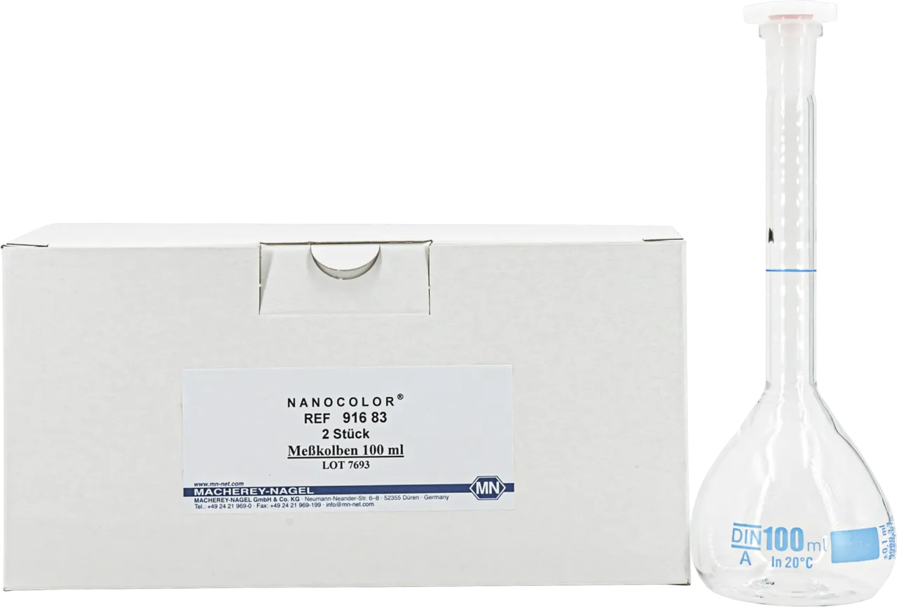 NANOCOLOR volumetric flask 100 mL with NS 12/21 and PE stopper pack of 2