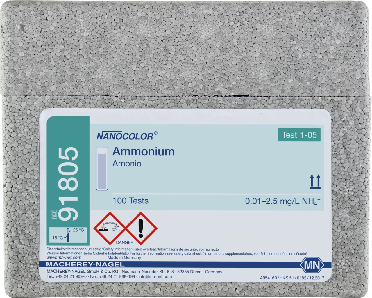 NANOCOLOR Ammonium standard test measuring range: 0.01-2.0 mg/L NH4-N 0.01-2.5 mg/L NH4+ sufficient for 100 determinations