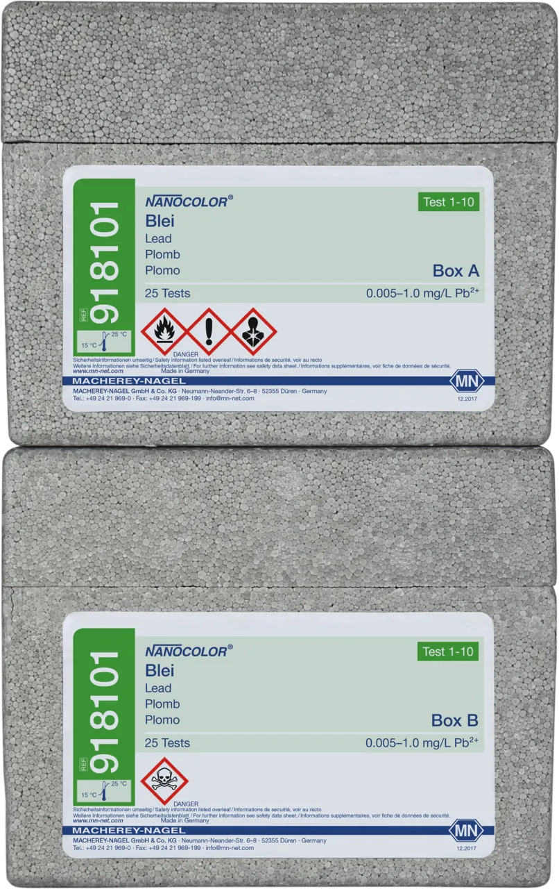NANOCOLOR Lead (without CCl4) Standard test (additionally carbon tetrachloride is necessary) consists of 2 boxes