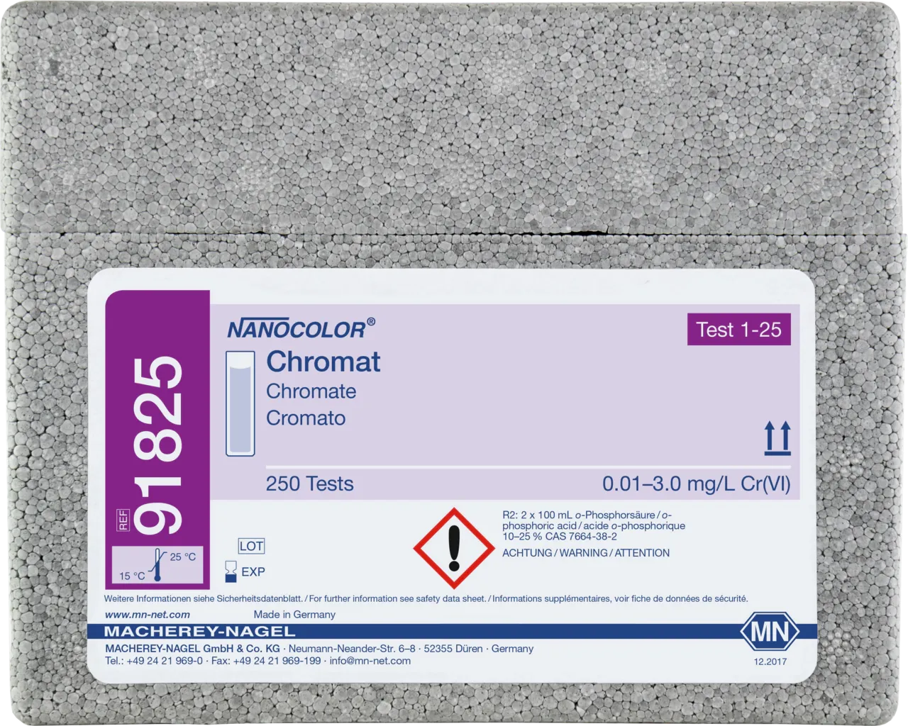 NANOCOLOR Chromate standard test measuring range: 0.01-3.0 mg/L Cr(VI) 0.01-6.0 mg/L CrO42- sufficient for 250 determinations