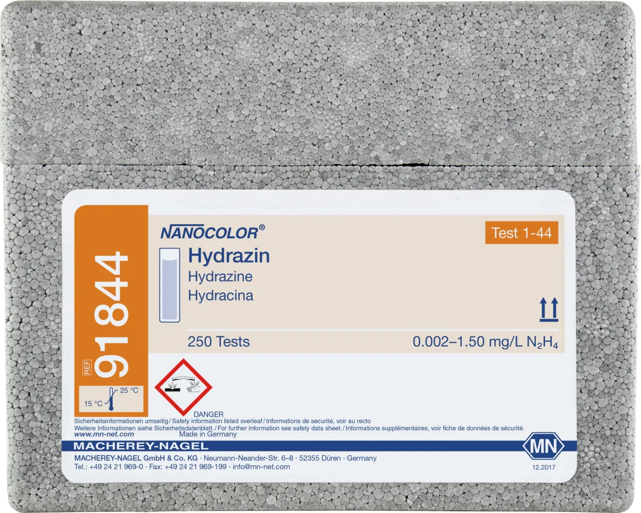 NANOCOLOR Hydrazine standard test measuring range: 0.002-1.50 mg/L N2H4 sufficient for 250 determinations