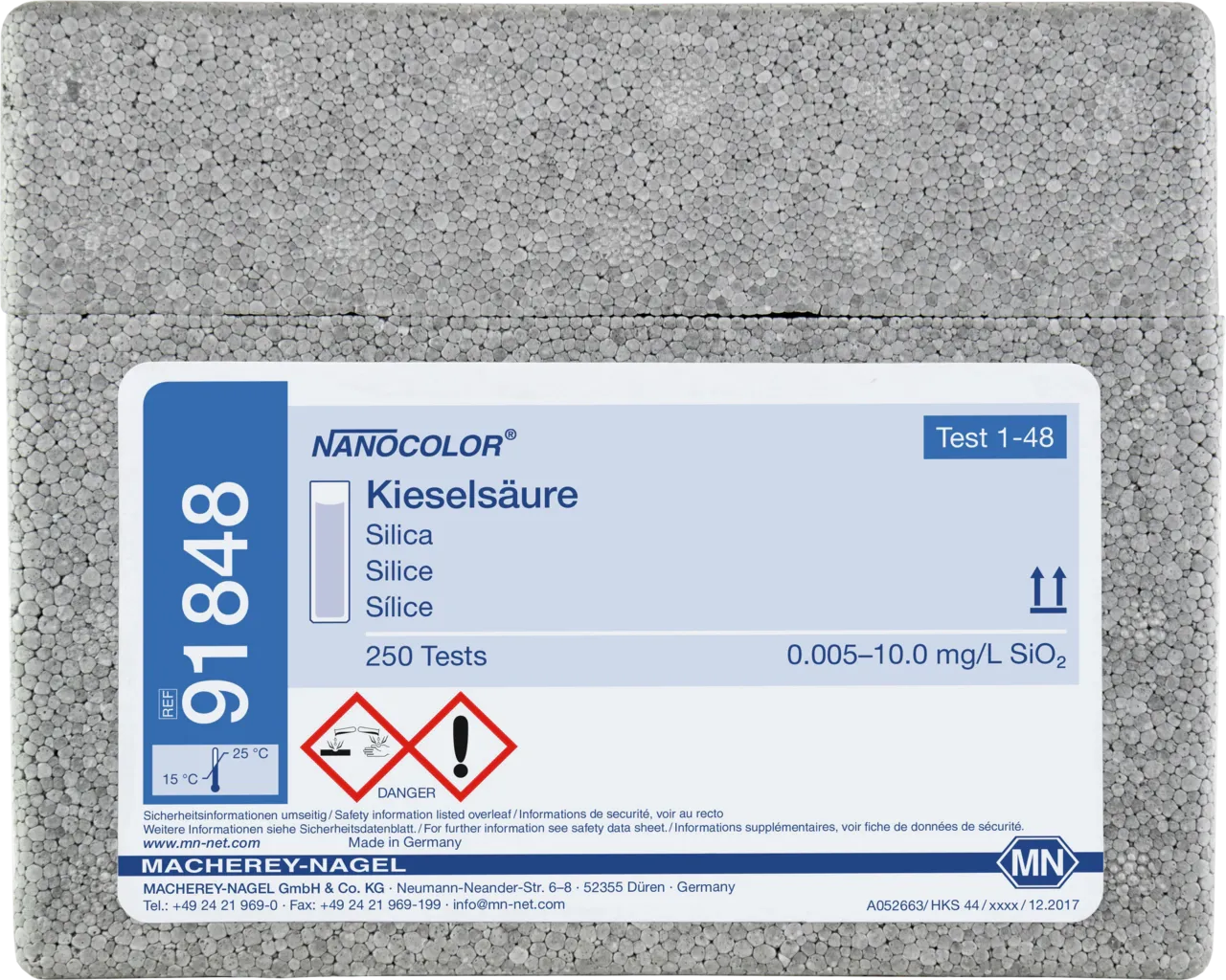 NANOCOLOR Silica standard test measuring range: 0.01-5.00 mg/L Si 0.002-0.100 mg/L Si 0.02-10.0 mg/L SiO2 0.005-0.200 mg/L SiO2 sufficient for 250 determinations