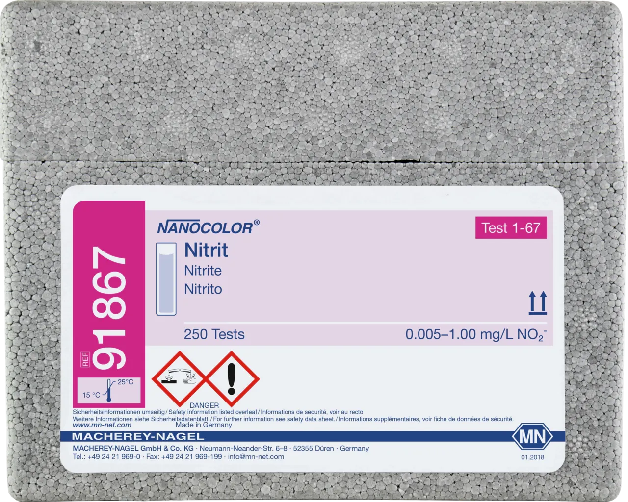 NANOCOLOR Nitrite standard test measuring range: 0.002-0.30 mg/L NO2-N 0.005-1.00 mg/L NO2- sufficient for 250 determinations