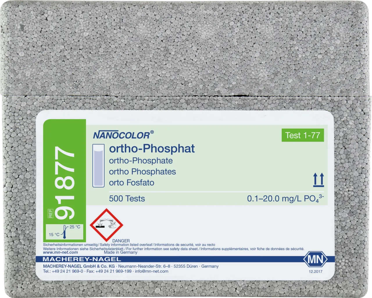 NANOCOLOR ortho Phosphate standard test measuring range: 0.04-6.5 mg/L PO4-P 0.1-20.0 mg/L PO43- sufficient for 500 determinations