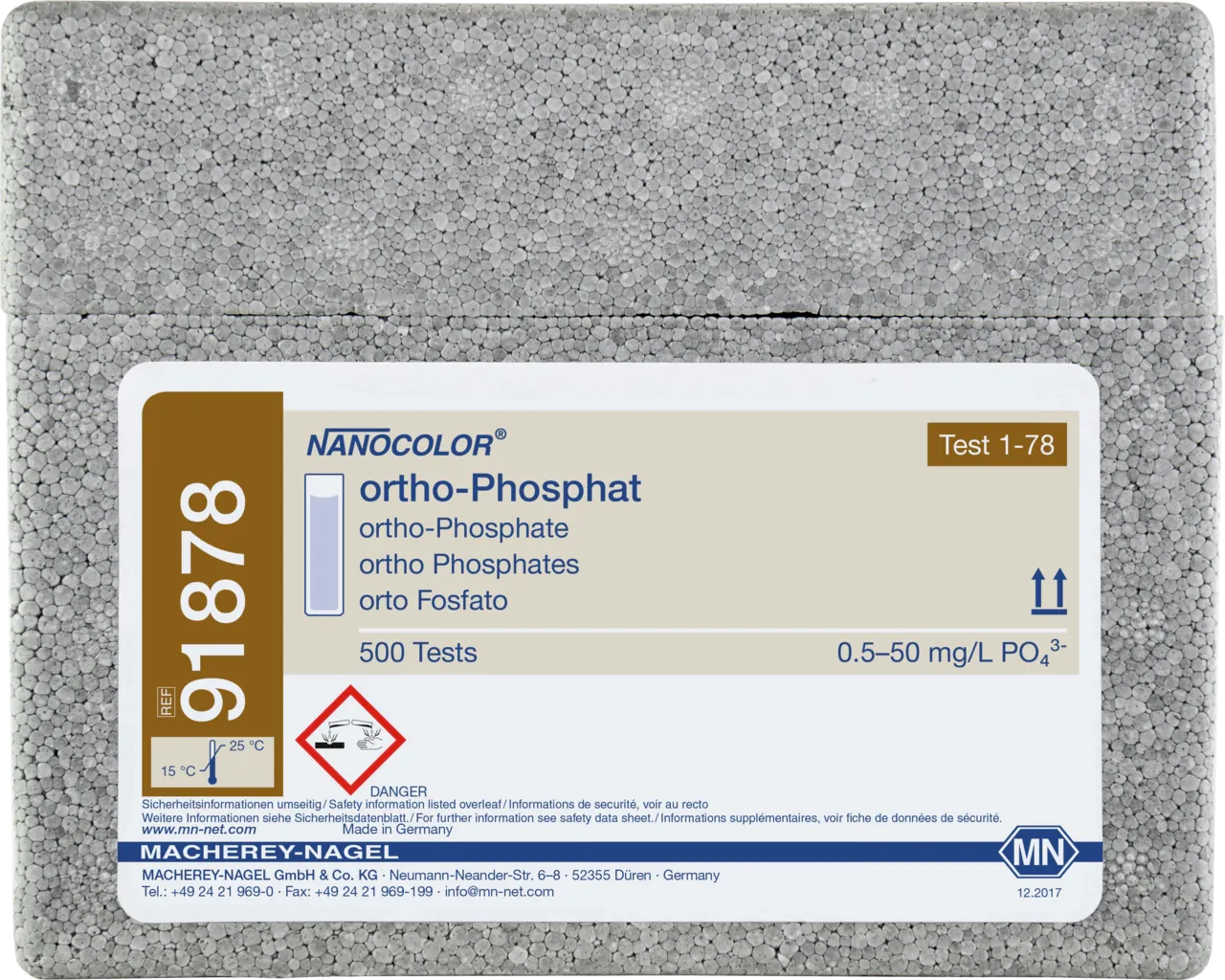 NANOCOLOR ortho Phosphate standard test measuring range: 0.2-17 mg/L PO4-P 0.5-50 mg/L PO43- sufficient for 500 determinations