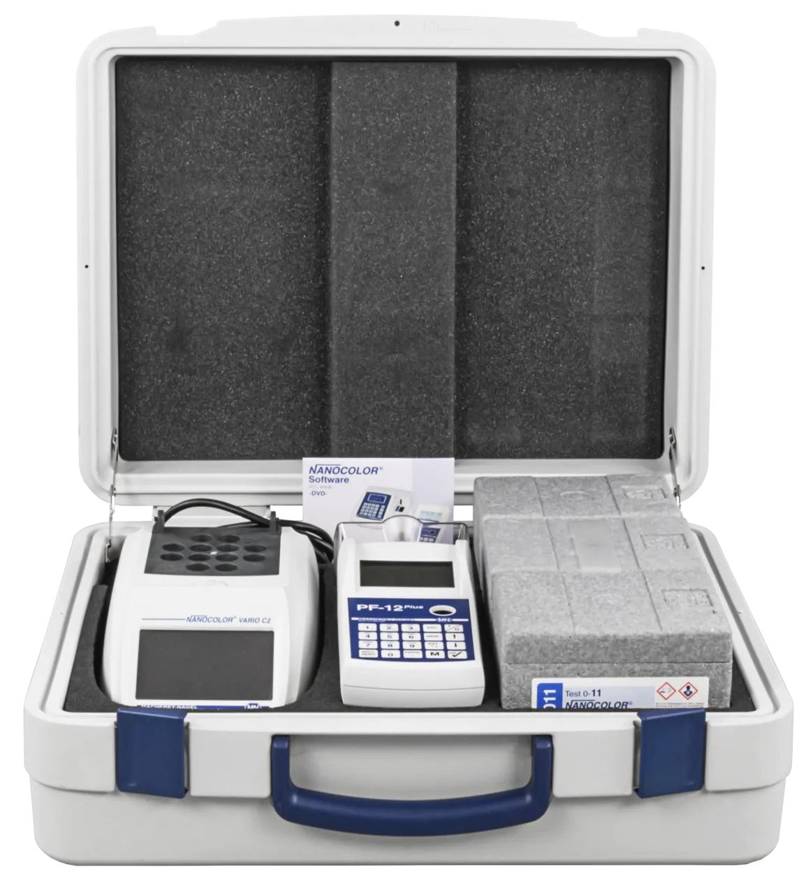 NANOCOLOR reagent case with photometer PF-12 Plus with additional space for 1 heating block NANOCOLOR VARIO C2 or NANOCOLOR VARIO Mini, 2 pipettes and 3 NANOCOLOR tube tests