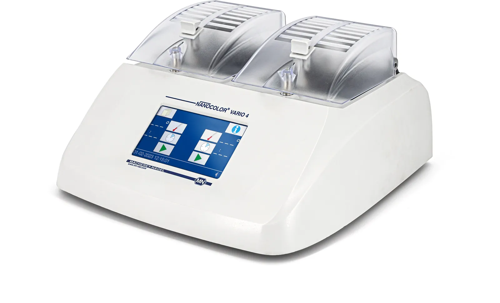 Heating block NANOCOLOR VARIO 4 featuring two heating units with separate control, 2 x 12 bores for test tubes 16 mm OD