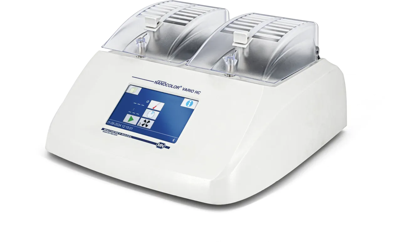 Heating block NANOCOLOR VARIO HC - with cooling system - 12 bores for test tubes 16 mm OD and ventilator, incl. power cable, 2 protective coverings, manual, data cable and software-DVD