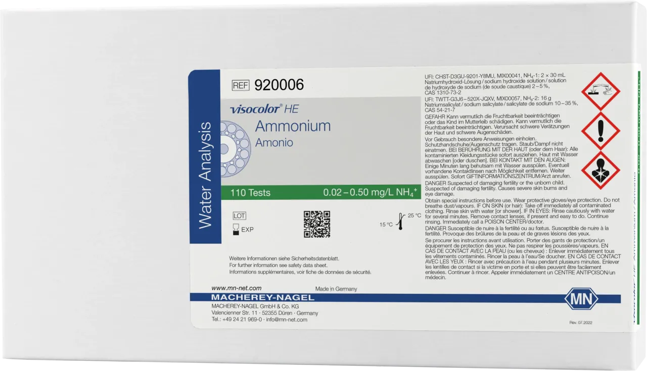 VISOCOLOR HE Ammonium highly sensitive test kit measuring range: 0.02 - 0.50 mg/L NH4+ sufficient for 110 determinations