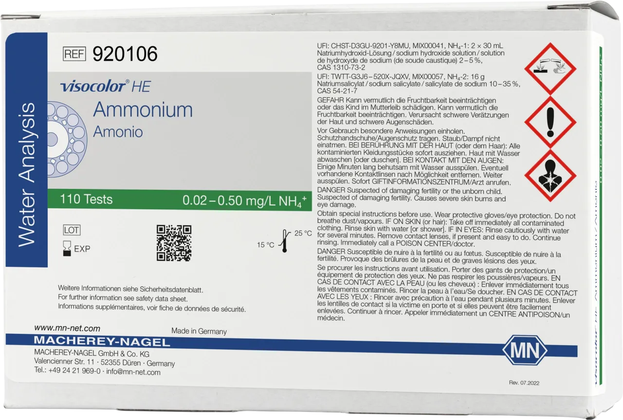 VISOCOLOR HE Ammonium highly sensitive test kit - refill pack - measuring range: 0.02 - 0.50 mg/L NH4+ sufficient for 110 determinations