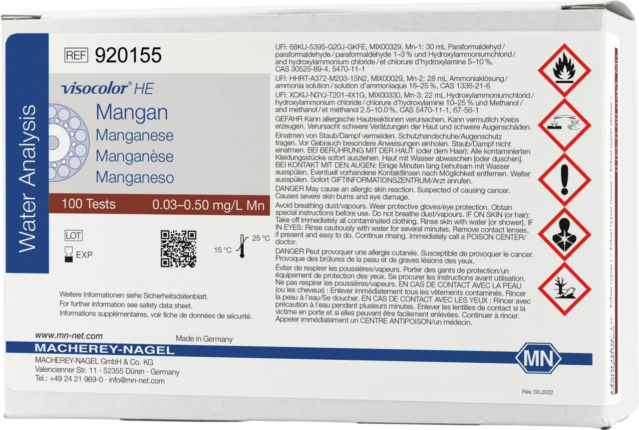 VISOCOLOR HE Manganese highly sensitive test kit - refill pack - measuring range: 0.03-0.50 mg/L Mn sufficient for 100 determinations