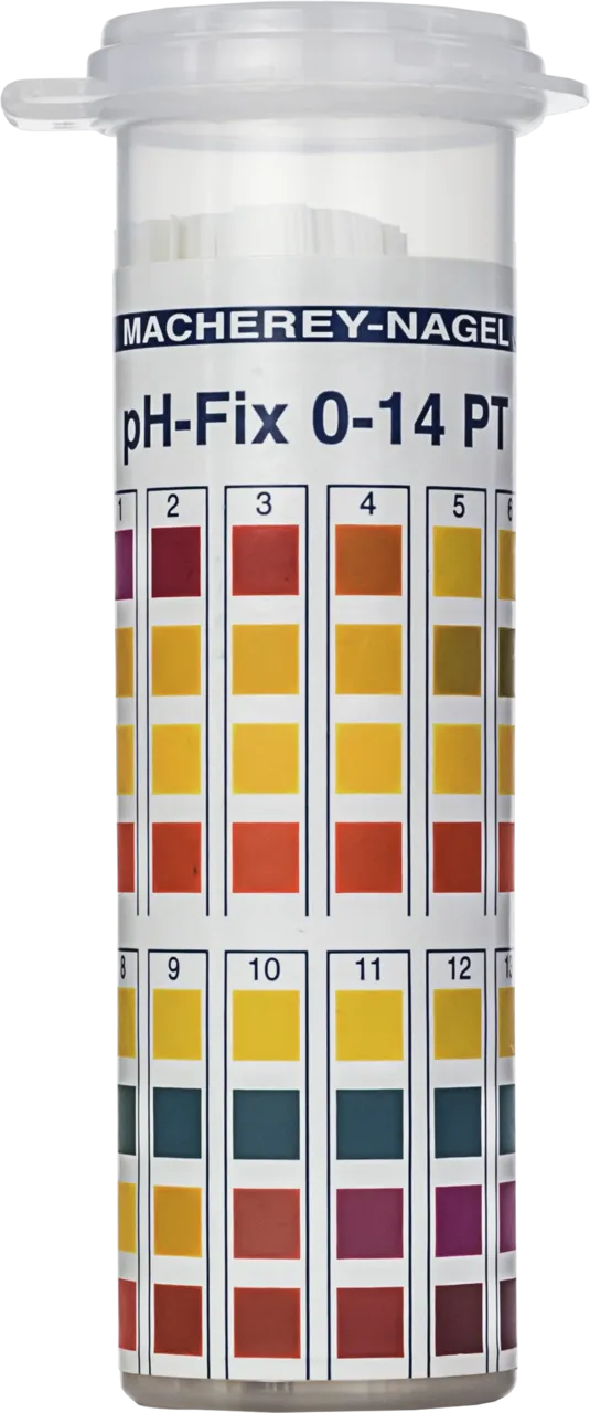 pH-Fix 0-14 PT indicator sticks in round plastic tube with snap cap measuring range: pH 0-1-2-3-4-5-6-7- 8-9-10-11-12-13-14 pack of 100 sticks 6 x 85 mm with LOT/EXP