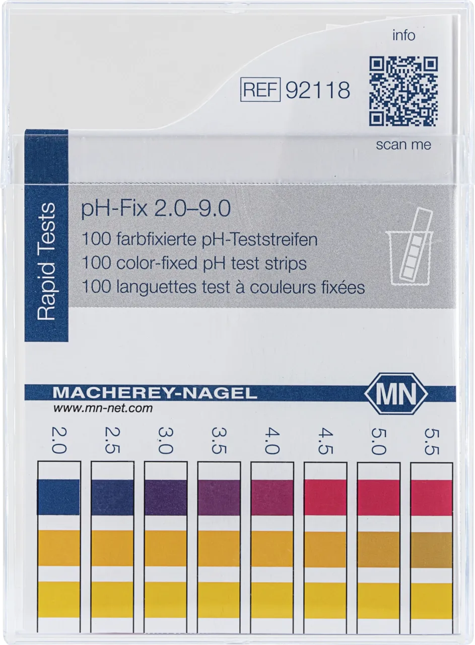 pH-Fix 2.0-9.0 indicator sticks measuring range: pH 2.0-2.5-3.0-3.5-4.0-4.5- 5.0-5.5-6.0-6.5-7.0-7.5-8.0-8.5-9.0 pack of 100 sticks 6 x 85 mm Delivery as of 8/2021 without CE marking