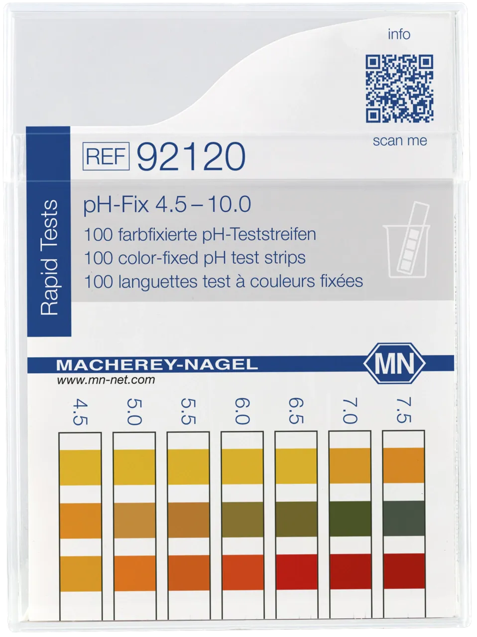 pH-Fix 4.5-10.0 indicator sticks measuring range: pH 4.5-5.0-5.5-6.0-6.5- 7.0-7.5-8.0-8.5-9.0-9.5-10.0 pack of 100 sticks 5.5 x 85 mm Delivery as of 8/2021 without CE marking