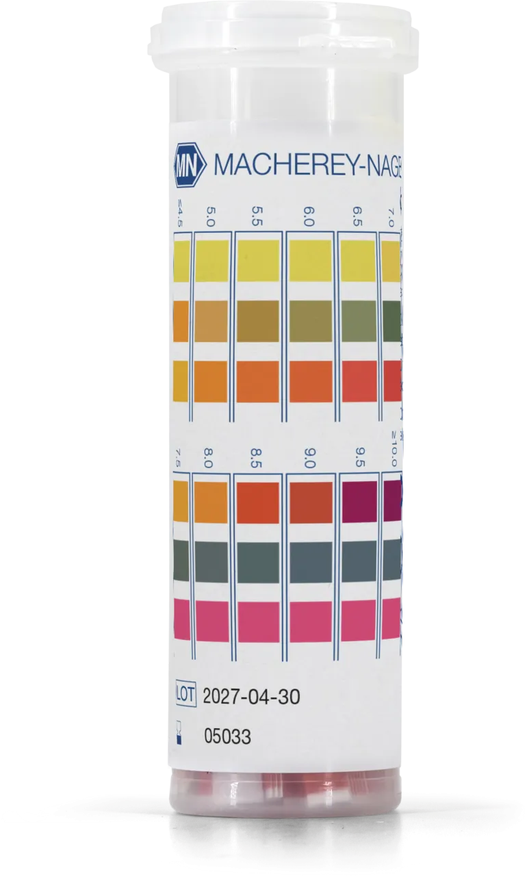 pH-Fix 4.5-10.0 PT indicator sticks in round plastic tube with snap cap measuring range: pH 4.5-5.0-5.5-6.0-6.5- 7.0-7.5-8.0-8.5-9.0-9.5-10.0 pack of 100 sticks 6 x 85 mm Special conditions for medical devices apply.