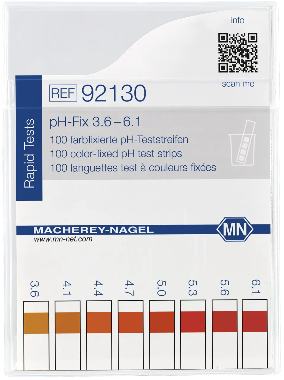 pH-Fix 3.6-6.1 indicator sticks measuring range: pH 3.6-4.1-4.4-4.7- 5.0-5.3-5.6-6.1 pack of 100 sticks 6 x 85 mm Delivery as of 8/2021 without CE marking for product with CE see REF 92131