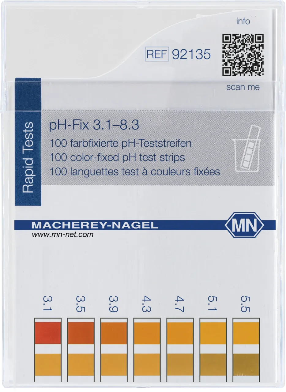 pH-Fix 3.1-8.3 indicator sticks measuring range: pH 3.1-3.5-3.9-4.3-4.7- 5.1-5.5-5.9-6.3-6.7-7.1-7.5-7.9-8.3 pack of 100 sticks 6 x 85 mm Delivery as of 8/2021 without CE marking