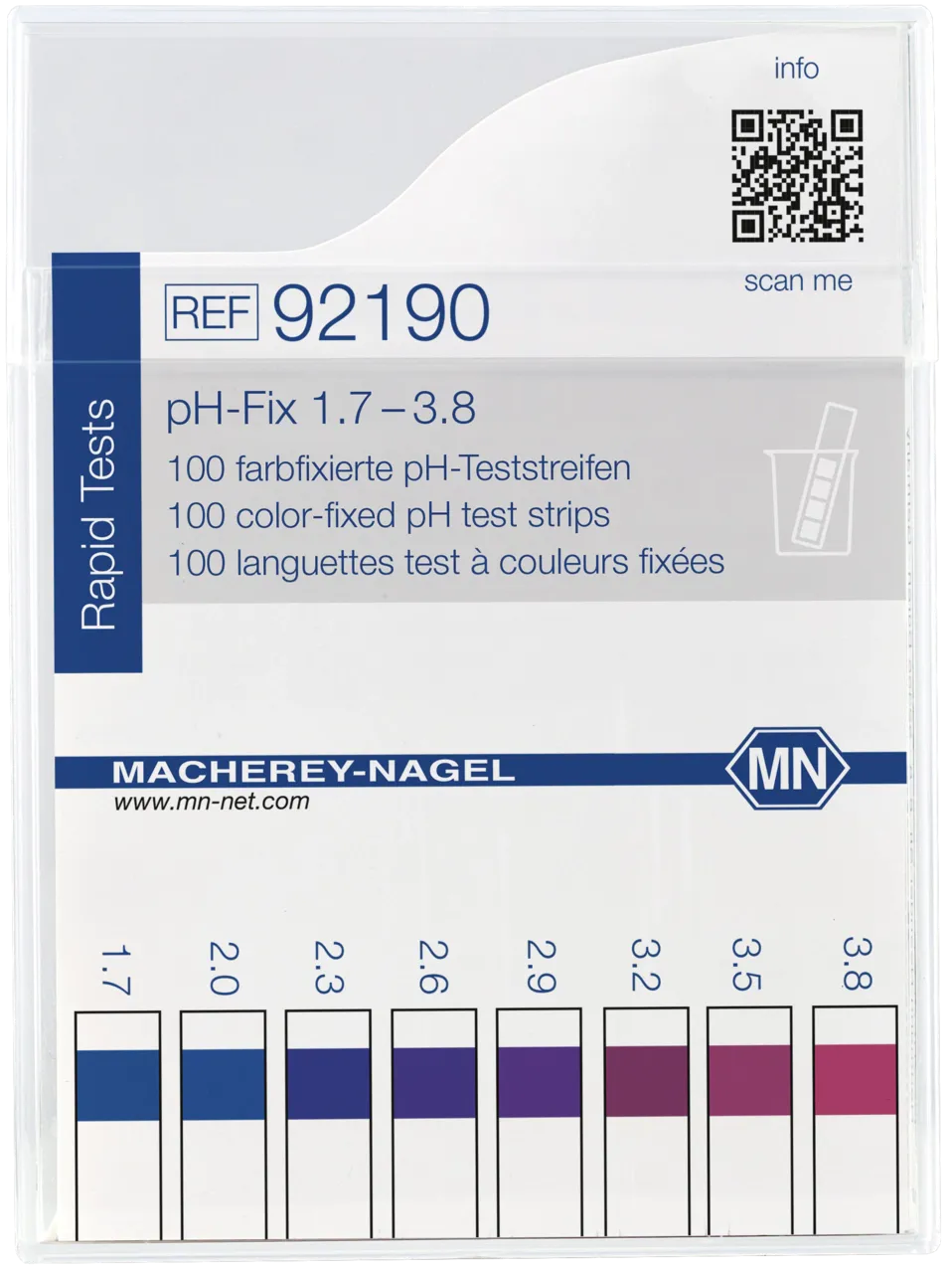 pH-Fix 1.7-3.8 indicator sticks measuring range: pH 1.7-2.0-2.3-2.6- 2.9-3.2-3.5-3.8 pack of 100 sticks 6 x 85 mm