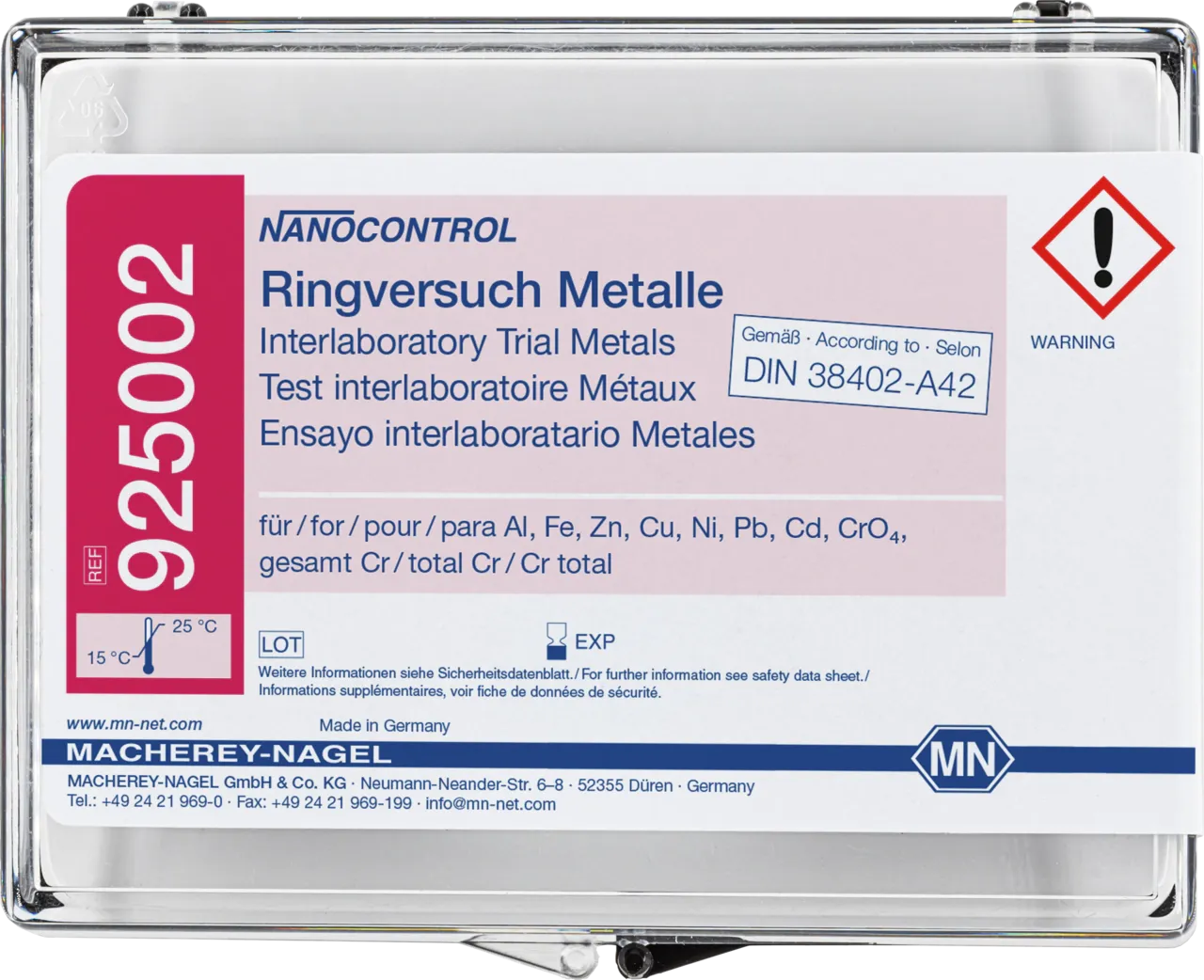 NANOCONTROL Interlaboratory trial metals consisting of interlaboratory test solution A, B and C for the determination of Al, Cd, Cr, Cu, Fe, Ni, Pb and Zn