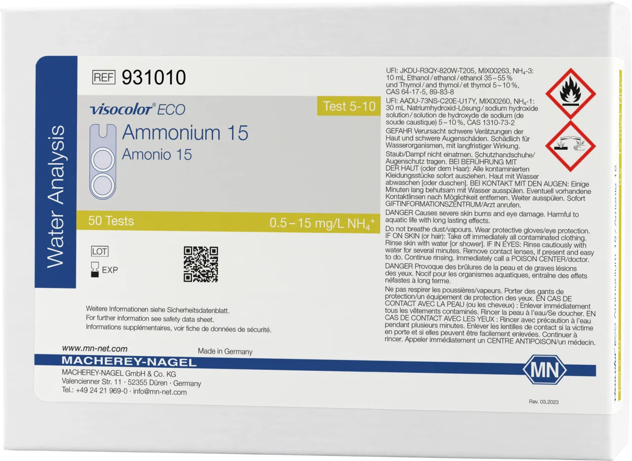 VISOCOLOR ECO Ammonium 15 colorimetric test kit measuring range: 0.5-15 mg/L NH4+ sufficient for 50 determinations