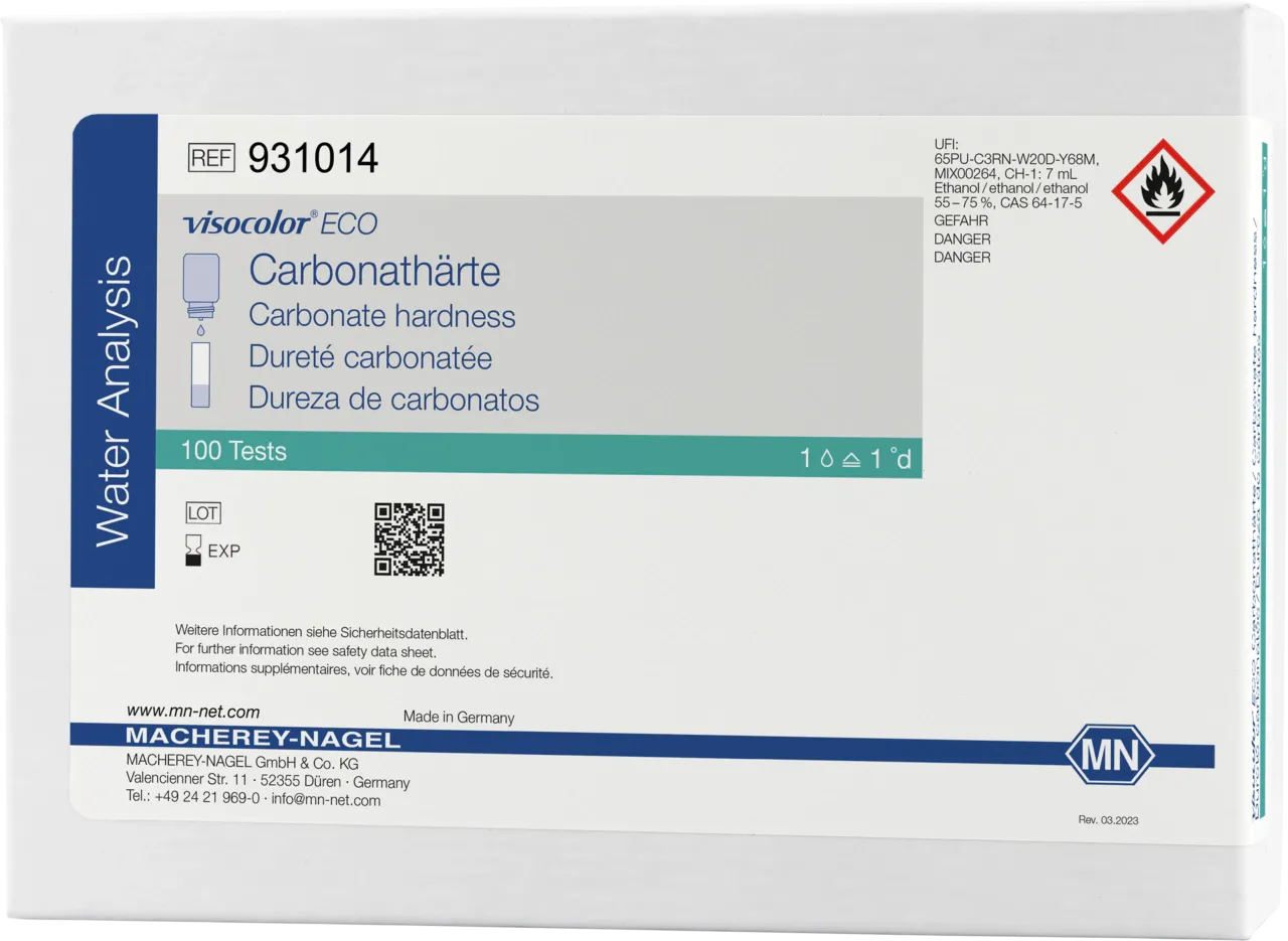VISOCOLOR ECO Carbonate hardness titration test kit measuring range: 1 drop = 1.25 °e sufficient for 100 determinations EQ Excepted Quantities