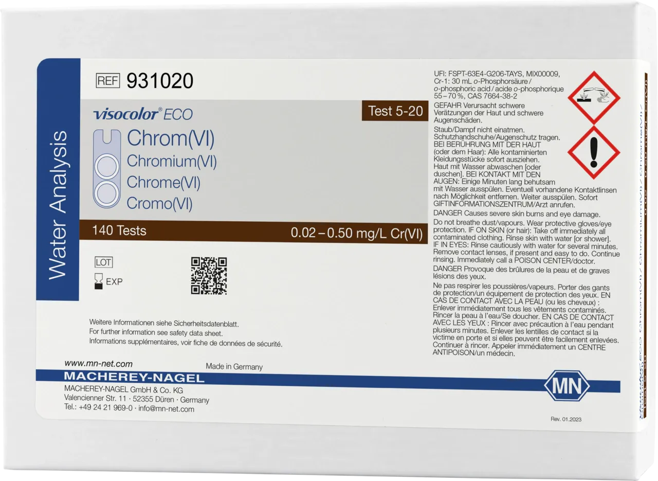 VISOCOLOR ECO Chromium (VI) colorimetric test kit measuring range: 0.02-0.50 mg/L Cr(VI) sufficient for 140 determinations EQ Excepted Quantities