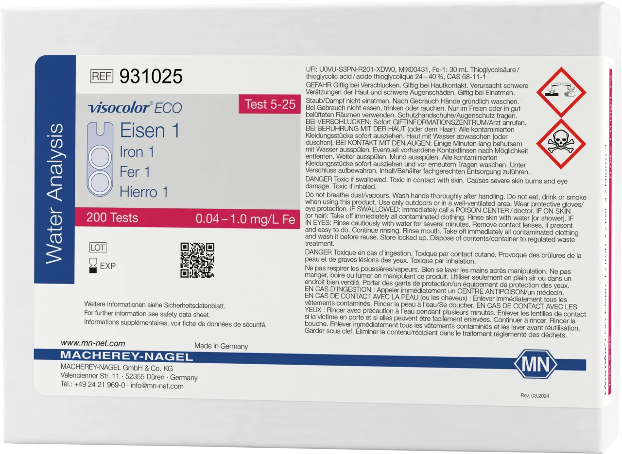 VISOCOLOR ECO Iron 1 colorimetric test kit measuring range: 0.04-1.0 mg/L Fe sufficient for 200 determinations