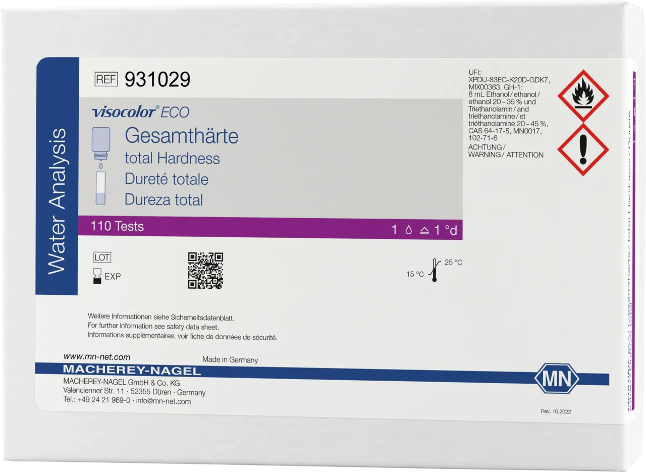 VISOCOLOR ECO Total Hardness titrimetric test kit measuring range: 1 drop = 1.25 °e sufficient for 110 determinations