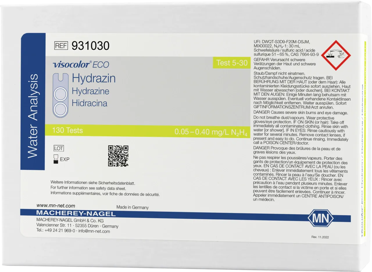 VISOCOLOR ECO Hydrazine colorimetric test kit measuring range: 0.05-0.40 mg/L N2H4 sufficient for 130 determinations