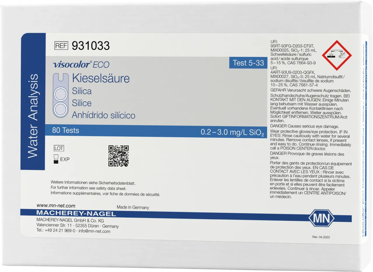 VISOCOLOR ECO Silica colorimetric test kit measuring range: 0.2-3.0 mg/L SiO2 sufficient for 80 determinations