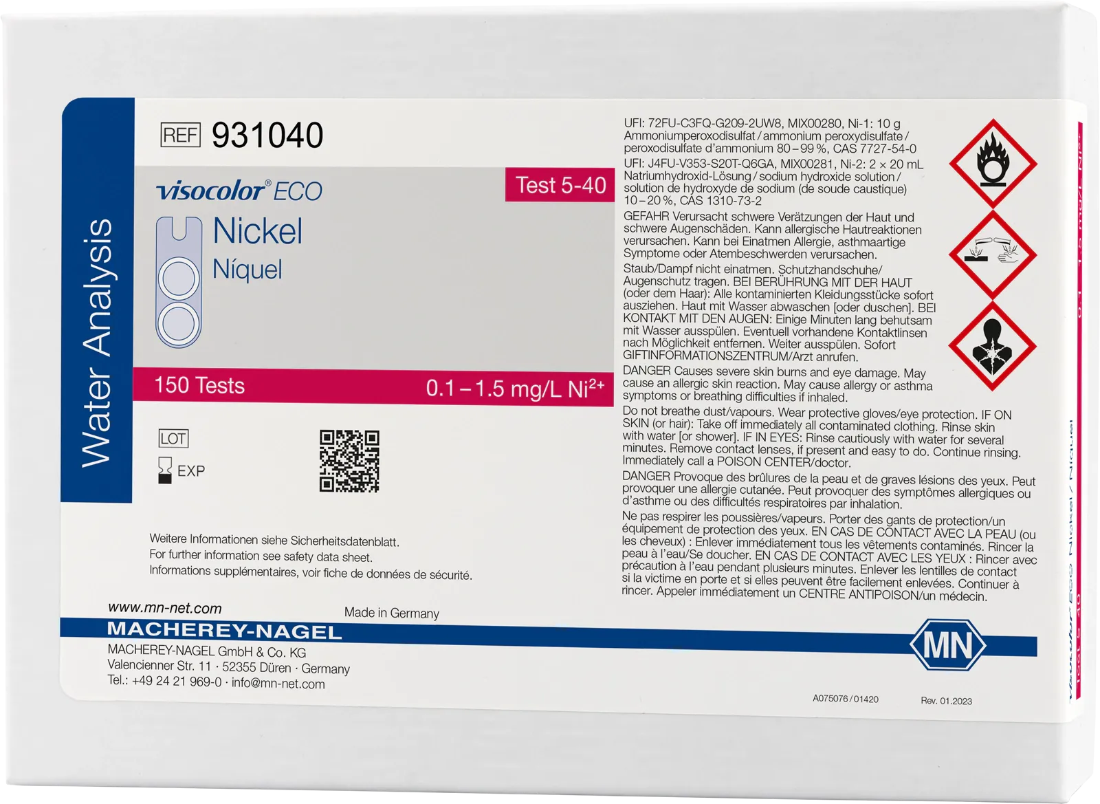 VISOCOLOR ECO Nickel colorimetric test kit measuring range: 0.1-1.5 mg/L Ni2+ sufficient for 150 determinations