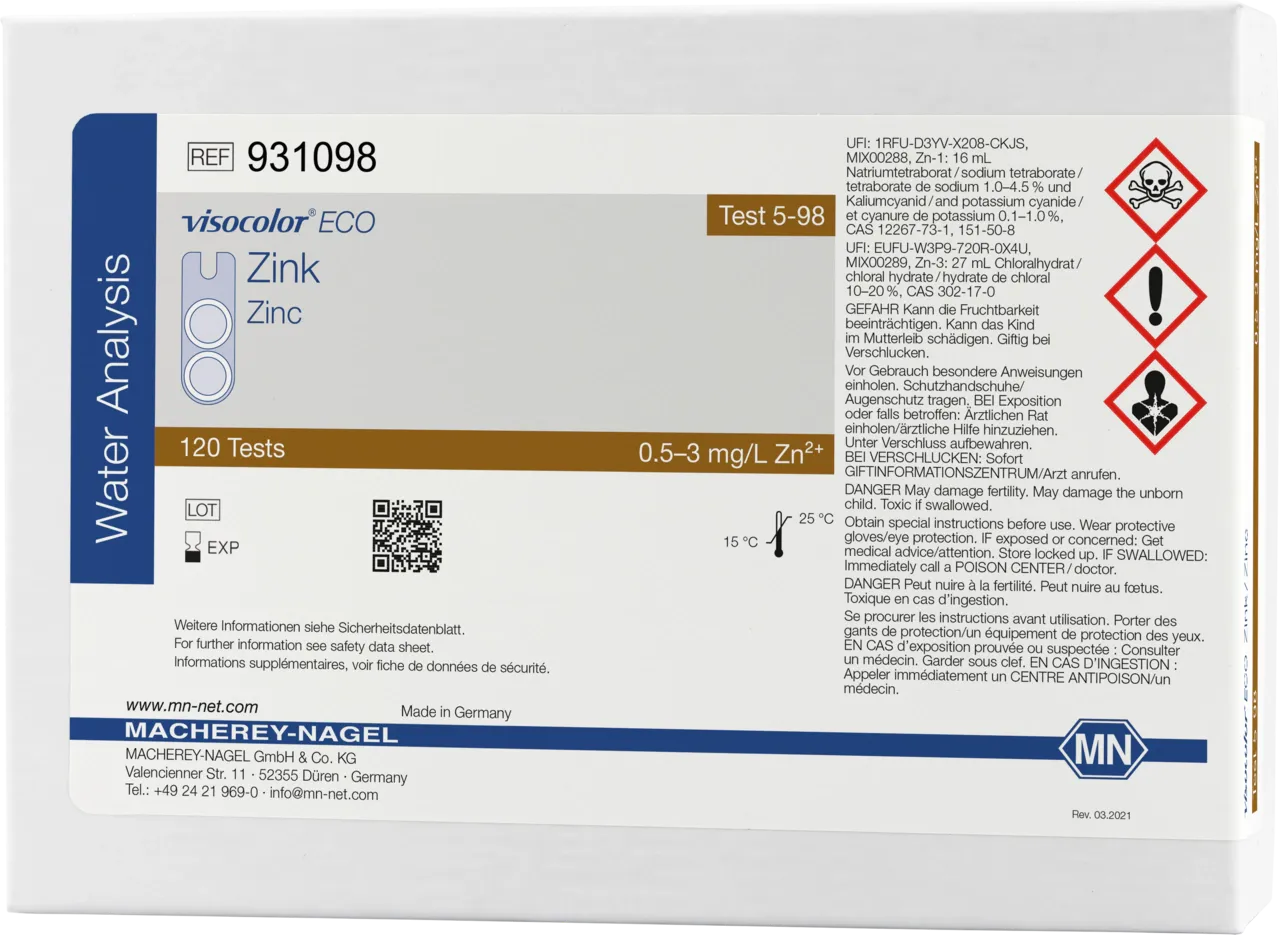 VISOCOLOR ECO Zinc colorimetric test kit measuring range: 0.5-3 mg/L Zn2+ sufficient for 120 determinations