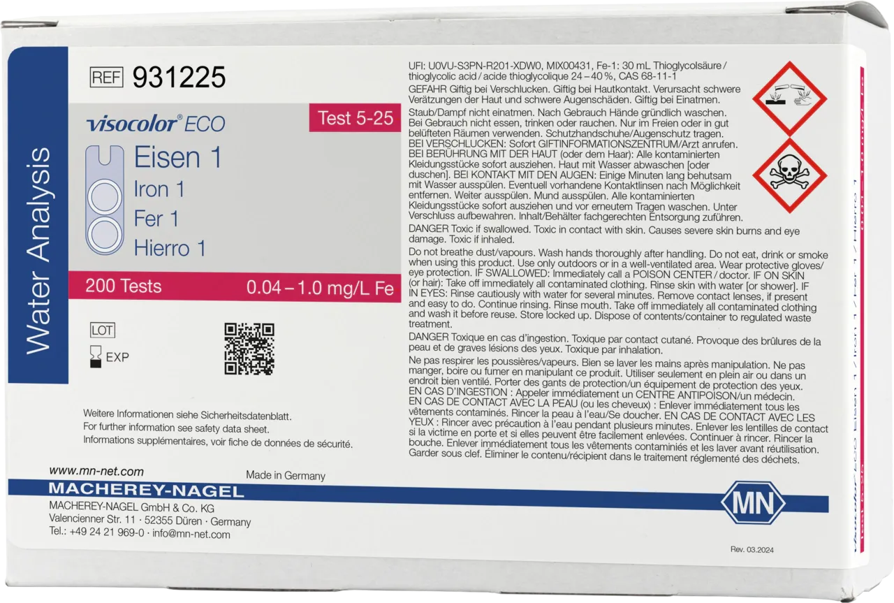 VISOCOLOR ECO Iron 1 colorimetric test kit - refill pack - measuring range: 0.04-1.0 mg/L Fe sufficient for 200 determinations