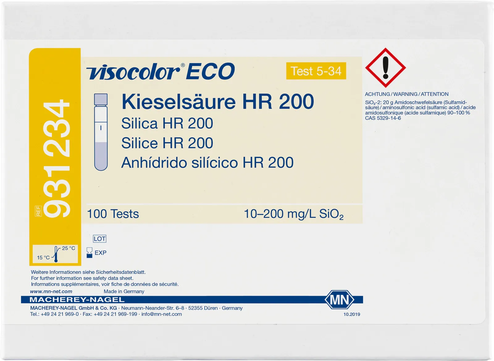 VISOCOLOR ECO Silica HR 200 reagent set for photometric determination measuring range: 10-200 mg/L SiO2 sufficient for 100 determinations
