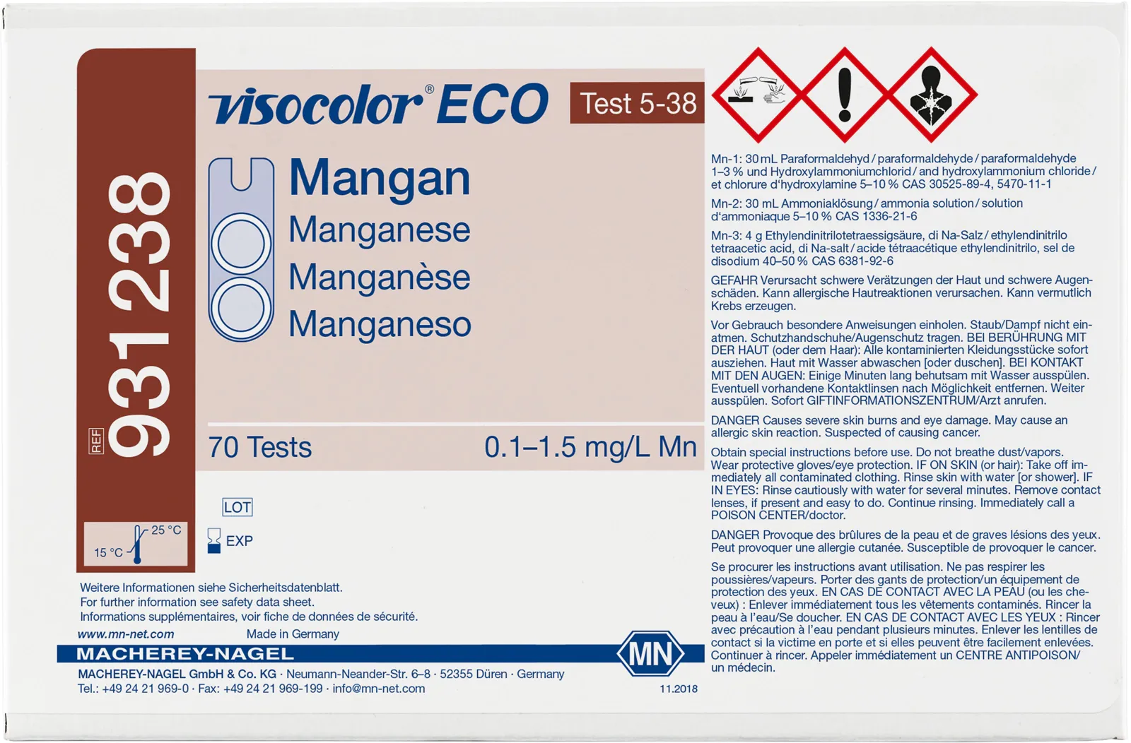 VISOCOLOR ECO Manganese colorimetric test kit - refill pack - measuring range: 0.1-1.5 mg/L Mn sufficient for 70 determinations