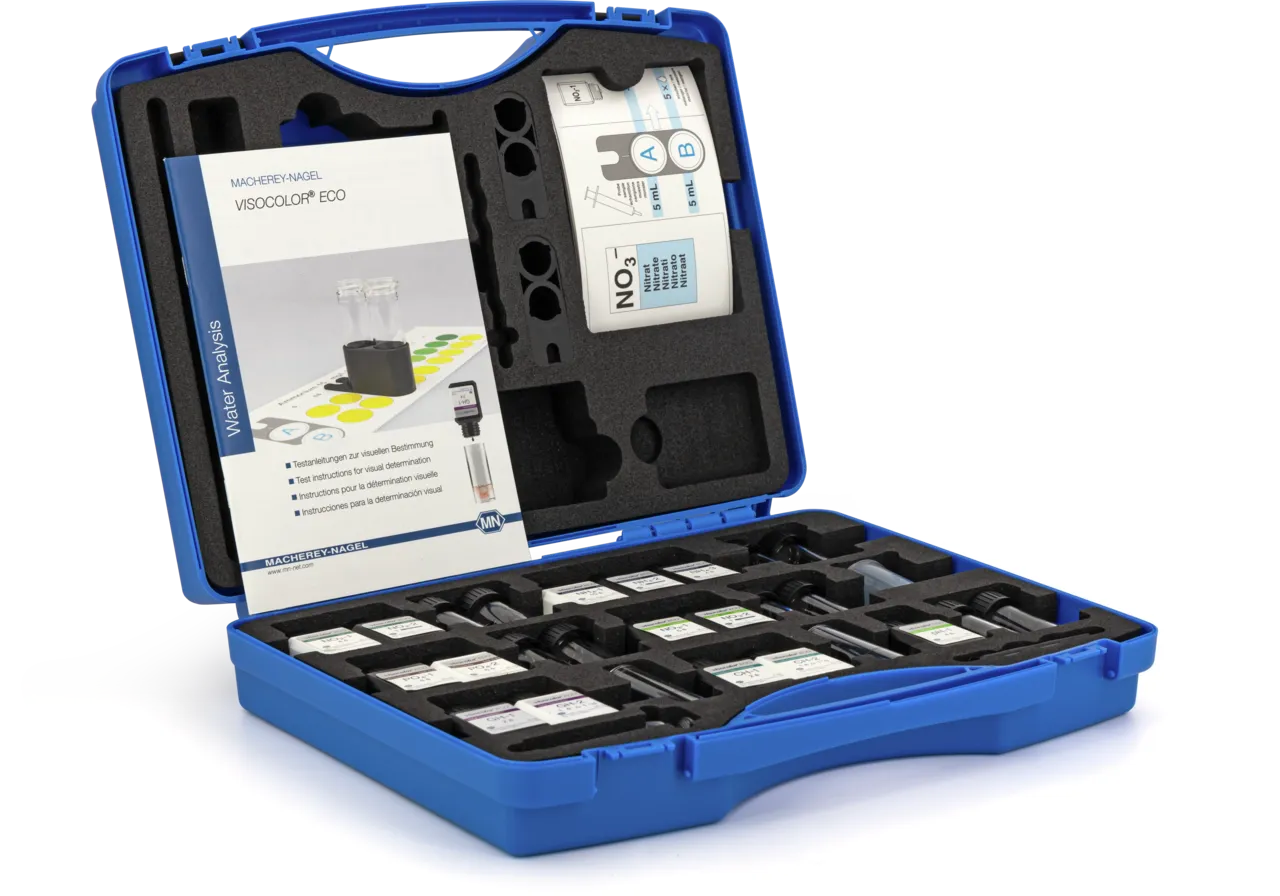 VISOCOLOR ECO Reagent case - new design - for the determination of Ammonium, Carbonat alcalinity, total hardness, Nitrate, Nitrite, Phosphate and pH 4.0-9.0