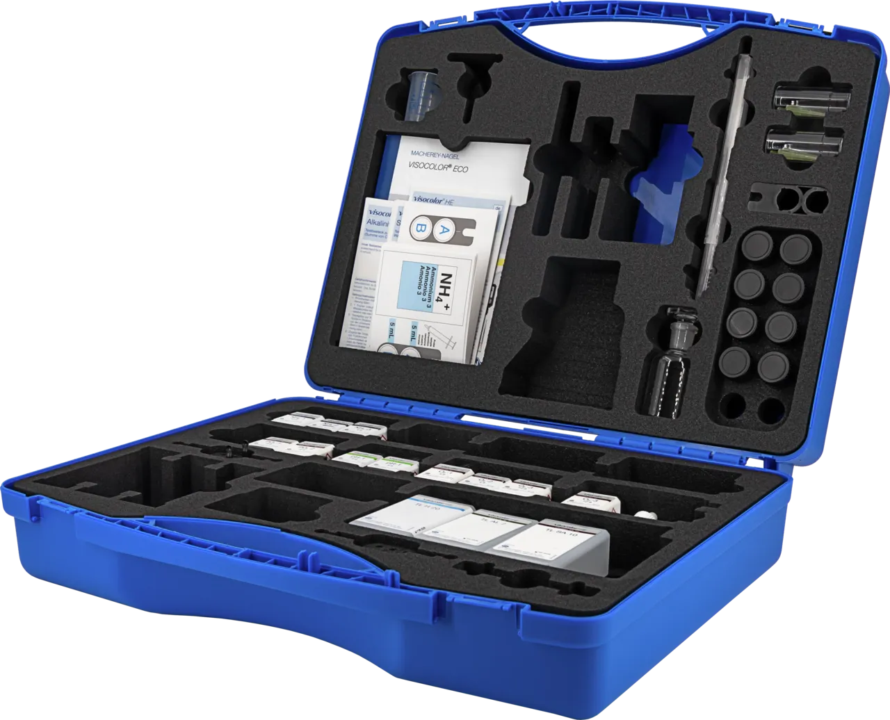 VISOCOLOR Reagent case - new design - for determination of temperature, pH 4-9, alkalinity, oxygen, total hardness, ammonium, nitrite, phosphate with VISOCOLOR ECO- and titration test kits